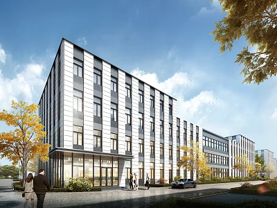 Modern Office Buildings Exterior Design With Trees Pedestrians And Cars 3d model