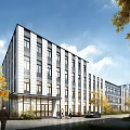 Modern Office Buildings Exterior Design With Trees Pedestrians And Cars