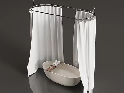 Modern Bathroom Space Featuring White Shower Curtain Oval Bathtub And Soft Towels 3d model