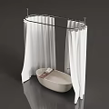 Modern Bathroom Space Featuring White Shower Curtain Oval Bathtub And Soft Towels