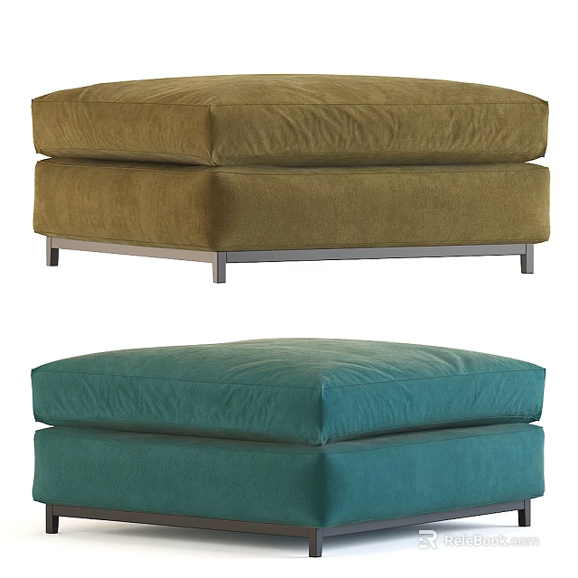 Modern Upholstered Ottoman In Brown And Teal With Soft Cushion And Metal Legs 3d model 