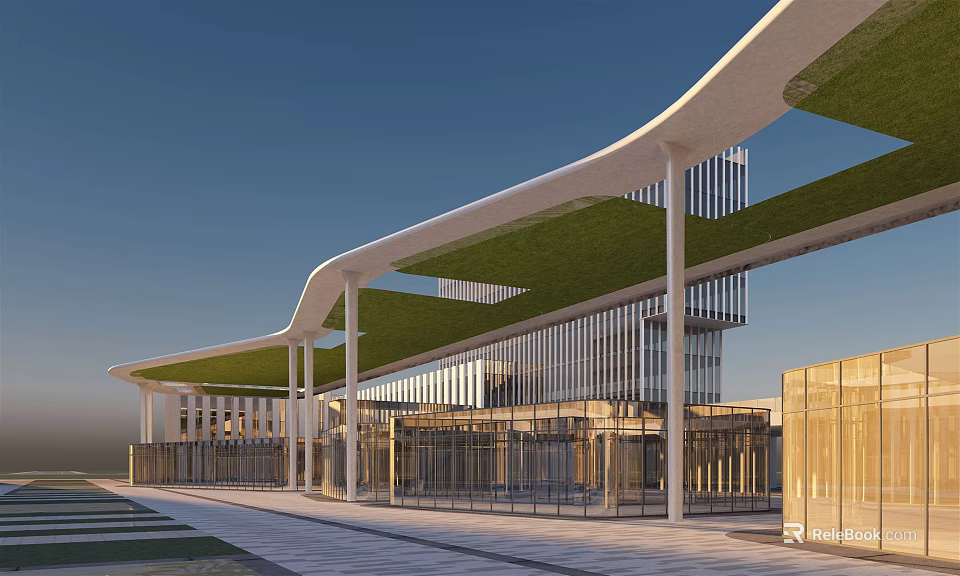 Modern Office Building Exterior With Curved Green Roof And Glass Curtain Walls 3d model 