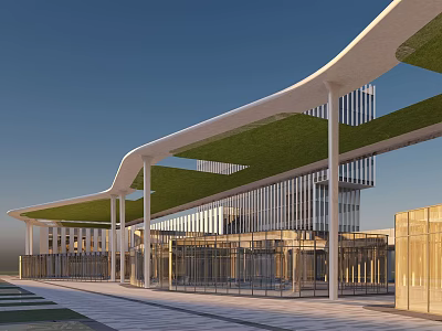 Modern Office Building Exterior With Curved Green Roof And Glass Curtain Walls 3d model