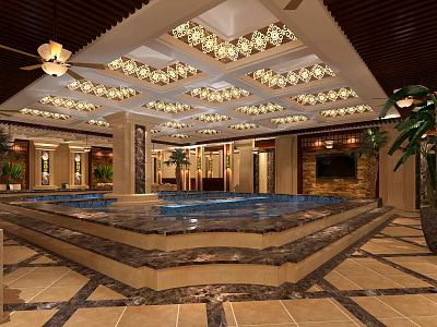 Luxurious SPA Sauna Interior With Large Pool Ornate Ceiling Wooden Decor And Green Plants 3d model