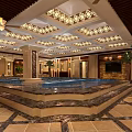 Luxurious SPA Sauna Interior With Large Pool Ornate Ceiling Wooden Decor And Green Plants