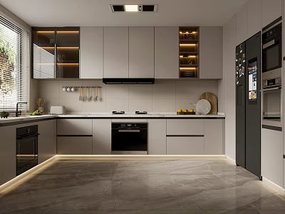 Modern Kitchen Interior With Light Gray Cabinets Quartz Countertop And Integrated Appliances 3d model