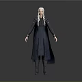 3D Character Model With White Long Hair And Dark Coat Standing In Gray Background