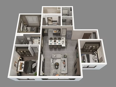 Birds Eye View Of House Interior Layout With Living Room Dining Kitchen Bedrooms And Bathroom 3d model