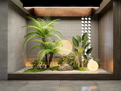 Modern Courtyard Garden With Plants Stones Lighting And Tile Wall 3d model