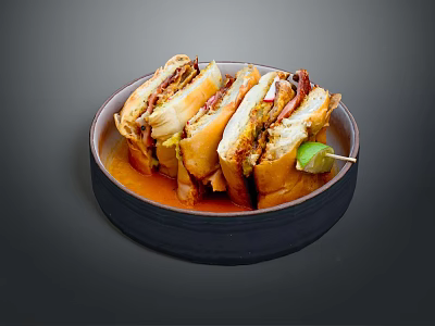 Freshly Made Layered Sandwiches With Vegetables Sauce And Lime Garnish On Dark Plate 3d model
