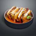Freshly Made Layered Sandwiches With Vegetables Sauce And Lime Garnish On Dark Plate