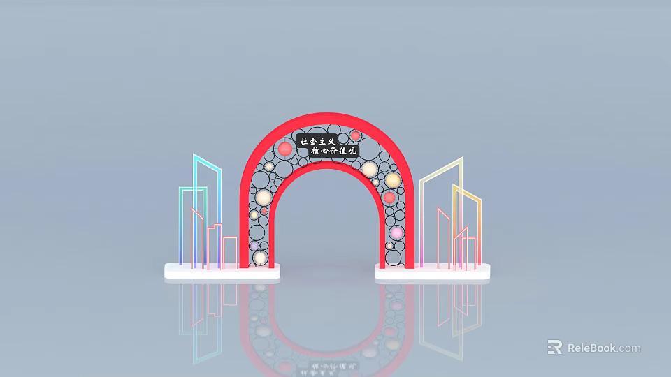 Red Event Gateway with Colorful Geometric Decorations and Circular Dots for Youth Festival 3d model 
