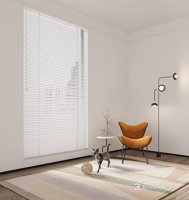 White Blinds In Modern Living Room Interior With Orange Chair Floor Lamp And Plant 3d model 