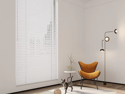 White Blinds In Modern Living Room Interior With Orange Chair Floor Lamp And Plant 3d model