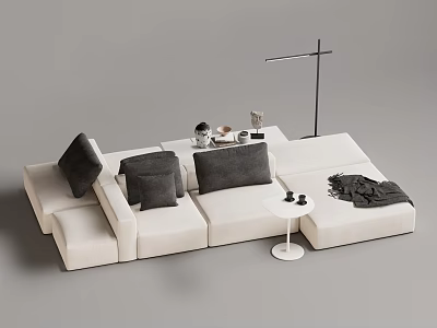 Modern Living Room White Sectional Sofa with Gray Cushions Side Table and Throw Blanket 3d model
