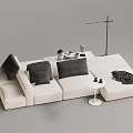 Modern Living Room White Sectional Sofa with Gray Cushions Side Table and Throw Blanket