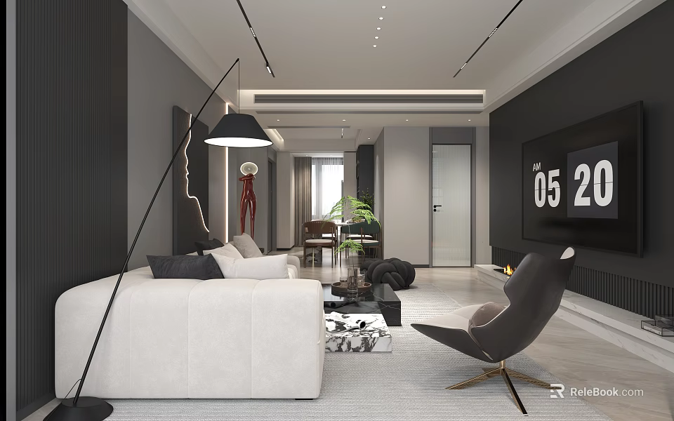 Modern Minimalist Open Living And Dining Room With Elegant Neutral Tone Cozy Home Interior Design 3d model 