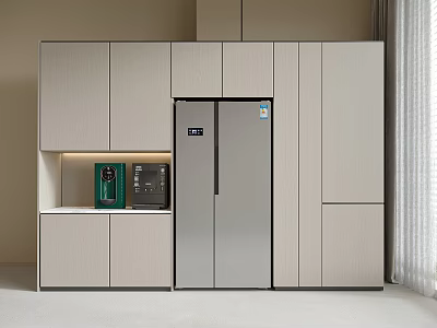 Modern Light Colored Kitchen Cabinetry With Refrigerator Coffee Machine And Microwave 3d model