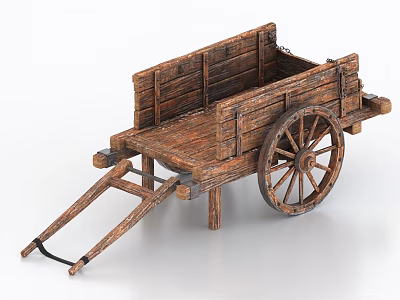 Old Fashioned Wooden Cart With Large Spoked Wheels And Rustic Wooden Frame 3d model