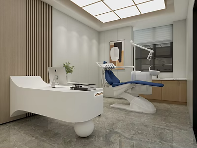 Modern Dental Clinic Interior Design With Blue Dental Chair And White Reception Desk 3d model