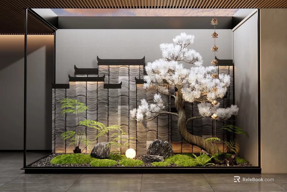 Chinese Style Scenic Feature Wall With Rockery Pine Tree Water And Green Plants 3d model 