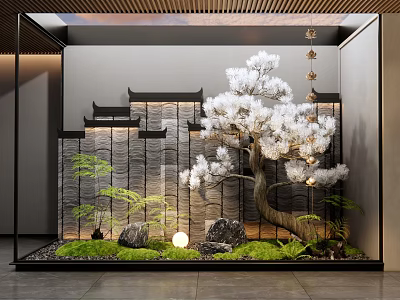 Chinese Style Scenic Feature Wall With Rockery Pine Tree Water And Green Plants 3d model
