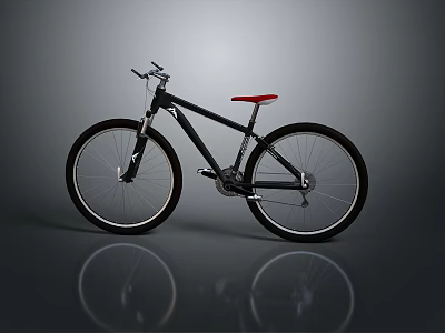 Black Bicycle With Red Seat In Gray Background And Reflection 3d model