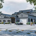 Ancient Architecture With Traditional Grey Brick Classic Roof Courtyard Stone Path People Walking And Trees