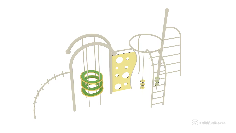 Outdoor Playground Equipment With Green Climbing Rings Cheese Shaped Panel And Ladder 3d model 