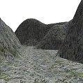 Garden Landscape With Stone Path And Rocky Cliffs Covered In Green Moss