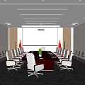 Modern Conference Room Interior With Long Table White Chairs Projection Screen And Flags 3d model