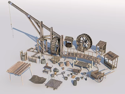 Ancient Wooden Mechanical Scene Components With Crane Water Wheel Cart And Tools 3d model