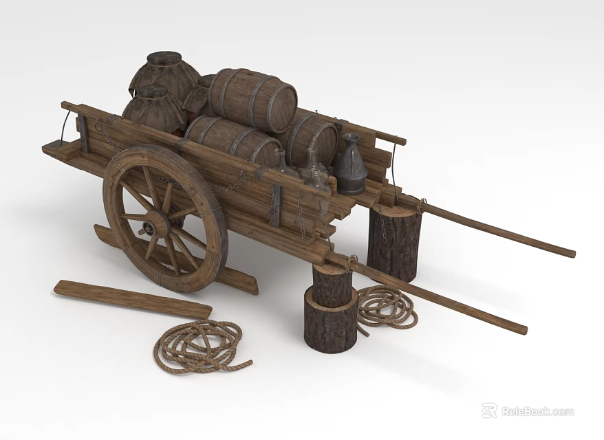 Vintage Wooden Cart Loaded With Barrels Hay Bales Ropes And Wooden Stumps 3d model 