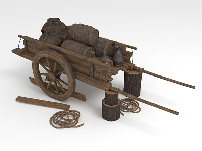 Vintage Wooden Cart Loaded With Barrels Hay Bales Ropes And Wooden Stumps 3d model