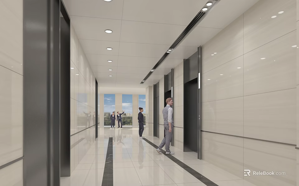 Modern Spacious Office Elevator Lobby With Tile Walls And Ceiling Lights 3d model