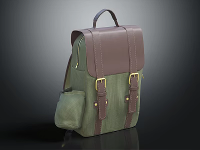 Stylish Green Backpack With Brown Leather Straps Buckle Closure And Small Front Pocket Design 3d model