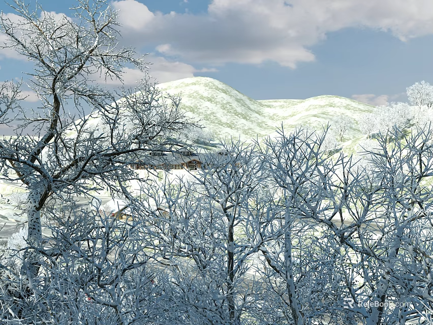 Snowy Garden Landscape With Bare Trees And Snow Covered Hills Under Cloudy Sky 3d model 