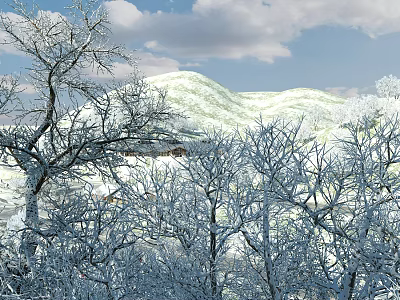 Snowy Garden Landscape With Bare Trees And Snow Covered Hills Under Cloudy Sky 3d model