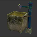 Garden Ornament Featuring Square Moss Covered Stone Basin With Blue Metal Faucet And Orange Handle