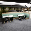 Modern Restaurant Interior Design With Wooden Booths Green Seating Herringbone Floor And Natural Landscape Wall