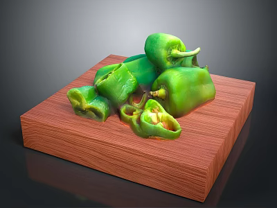 Fresh Whole and Sliced Green Peppers on a Wooden Board 3d model