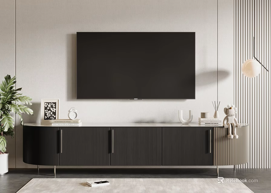 Sleek Black TV Cabinet With Wall Mounted TV And Decorative Accessories In Modern Living Room 3d model 