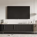 Sleek Black TV Cabinet With Wall Mounted TV And Decorative Accessories In Modern Living Room