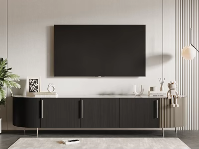 Sleek Black TV Cabinet With Wall Mounted TV And Decorative Accessories In Modern Living Room 3d model