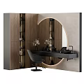 Modern Dressing Table Interior With Wooden Cabinet Round Backlit Mirror Black Countertop And Gray Chair