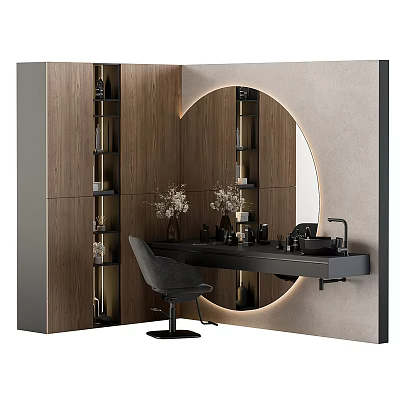 Modern Dressing Table Interior With Wooden Cabinet Round Backlit Mirror Black Countertop And Gray Chair 3d model