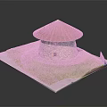 Circular Stone Building Model On White Base With Red Roof And Green Grass