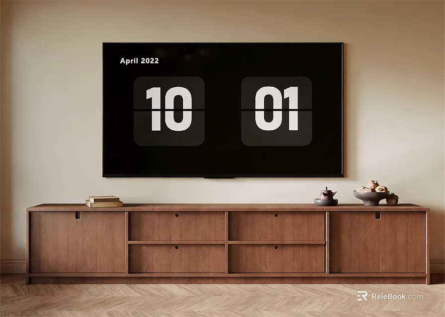Wooden TV Stand With Storage Drawers And Decorative Items In Living Room 3d model 