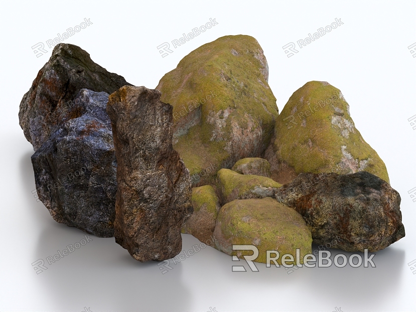 Stone boulder moss stone moss moss rock terrain rockery model