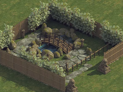Japanese Garden Landscape With Bamboo Fence Wooden Bridge Pond Stones And Green Plants 3d model